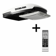 myCoolman roof top air conditioner with remote control on a white background