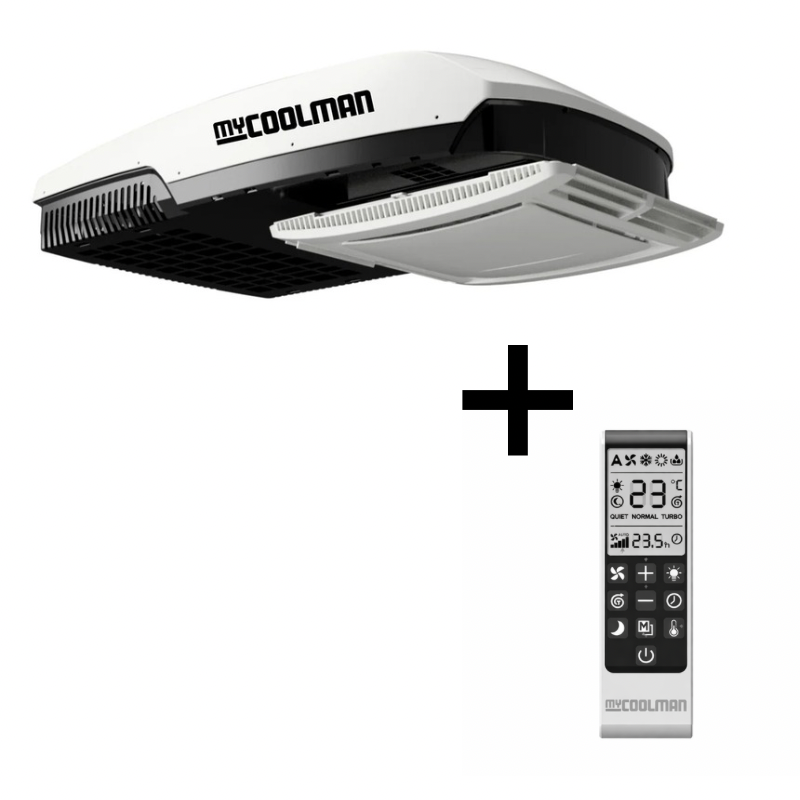 myCoolman roof top air conditioner with remote control on a white background