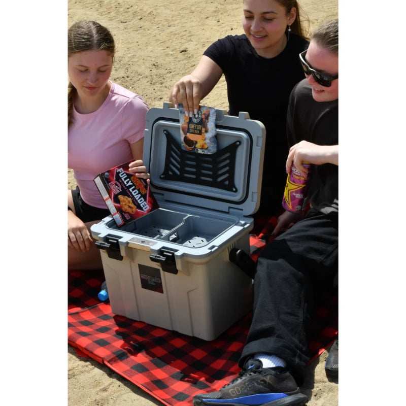 A rugged, tan-colored portable icebox with a grey interior and black latches. The lid is open, revealing an organized interior with a storage net on the underside of the lid holding snacks, and internal dividers for drinks and food.